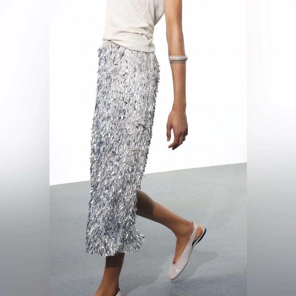 ZARA SEQUIN MIDI SKIRT - Picture 5 of 9